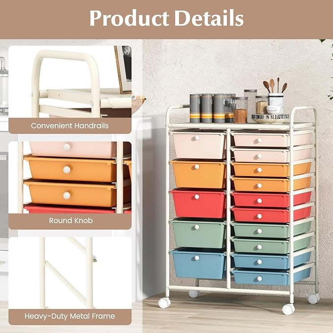 LUARANE Rolling Cart with 15 Drawers, Craft Storage Cart with Portable Handles & Lockable Wheels, Mobile Toys Organizer, Large Capacity Utility Drawer Cart Home Office School Teacher (Macaron)