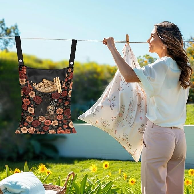 Vintage Rose Clothespin Organizer Bag Skull Clothespin Bags with Hanging Hook Waterproof Clothes Pin Storage Organizer with Large Opening Clothespins Bag for Clothesline Outdoor