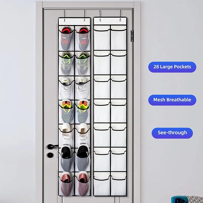 KEEPJOY 2 Pack White 14 Pockets Over the Door Shoe Organizer, Hanging Shoe Organizer with 4 Hooks, Shoe Holder with 14 Mesh Pockets Closet Door Shoe Storage Bag (White-2Pack)