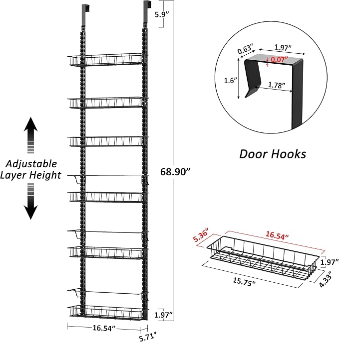 Churboro Over the Door Pantry Organizer Rack with 6 Adjustable Baskets, 6 Tiers Dual-use Spice Rack- Hanging or Wall Mount Spice Rack, Pantry Door Organizer, Black