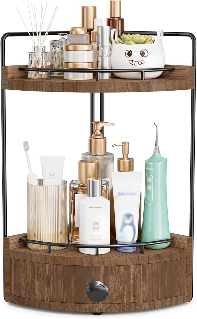 2-Tier Corner Bathroom Counter Organizer with Drawer, Dark Brown | Embedded Screw Holes, Wooden Countertop Organizers, Space-Saving, Bottom Ventilation Design, Counter Shelf for Vanity