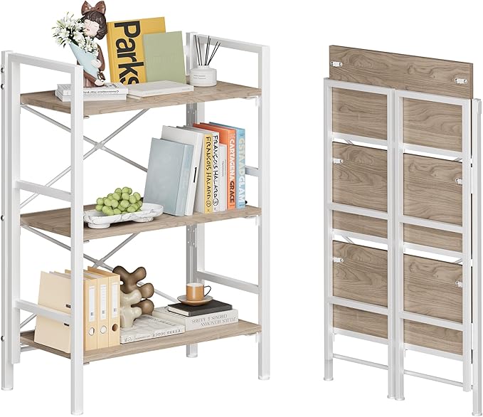 Homeiju Folding Bookshelf No Assembly, 3 Tier Bookcase Foldable Shelf with X-Bracket Design, Adjustable Feet, Space Saving Storage for Living Room, Office (Light Coffee)