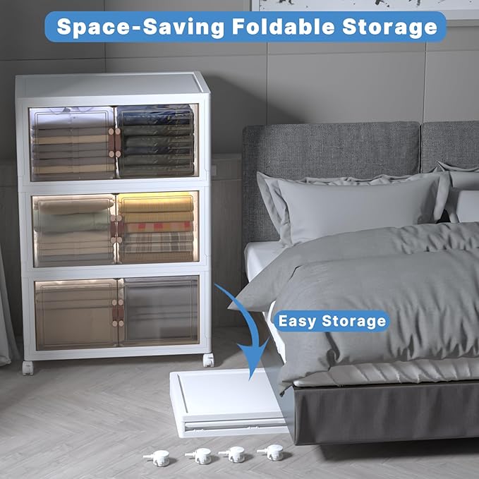 Stackable Storage Bins with Lids, Collapsible Storage Boxes, Foldable Plastic Storage Drawers for Bedroom,Office, Dorm (3, White, XL)