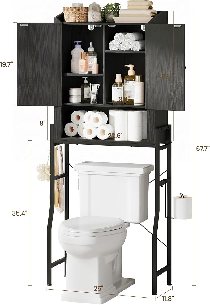 Memobarco Over The Toilet Storage Cabinet with 2-Door & Metal Stand, Black | Toilet Paper Holder, 3 Extra Hooks, Anti-Tipping Device, With Adjustable Shelves, for Bathroom, Restroom, Laundry
