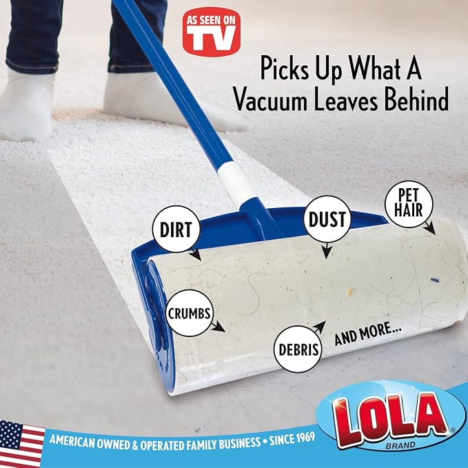 LOLA Rola PET Hair Remover Sticky Mop, Giant Floor Lint Roller, 9.5" x 3.5", Extender Handle, Largest Head, Traps Hair, Dust, Dirt, Extra Sticky Sheets