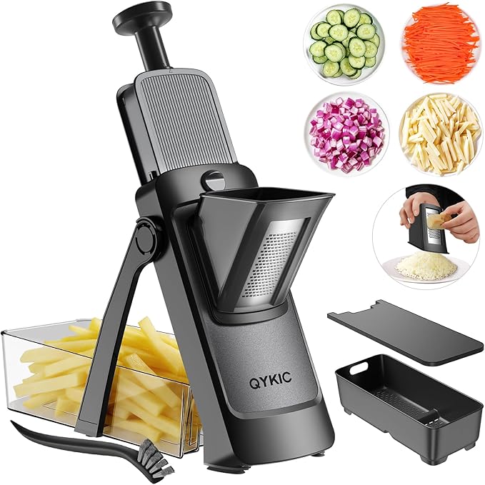 QYKIC Upgrade Safe Mandoline Slicer,Vegetable Chopper,Potato Slicer, Onion Chopper with Drain Basket Storage Container, Cheese Grater Kitchen Chopping Artifact (DeepBlack)