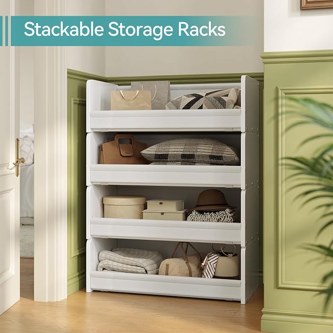 FOUCSSOMEI Closet Organizer and Storage, 4 Tier Stackable Storage Organizer, Wooden & Metal Closet Shelves, Modular Clothes Organizer, Storage Shelf, Bedroom & Closet Organization, Patent Design