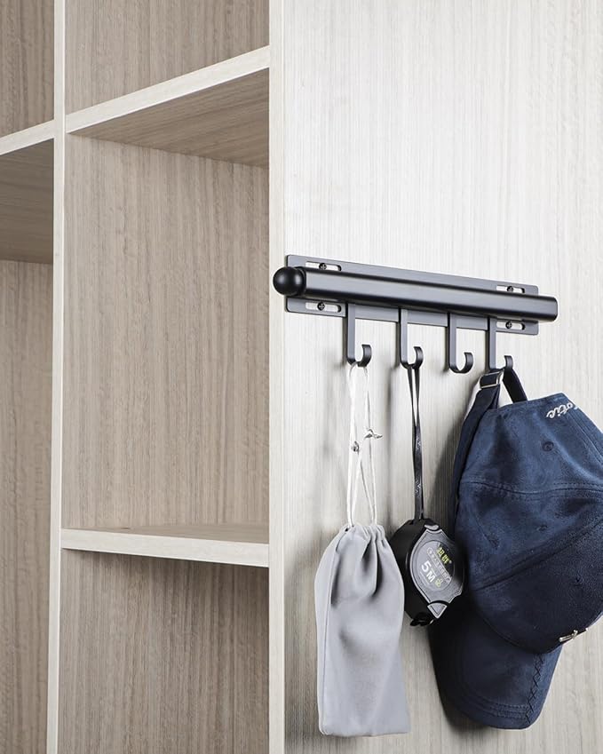 BaiNong Valet Rod for Closets Pull Out 12" Black with 4 Hooks | Closet Valet Rod Slide Out for Closets, Laundry Rooms, RVs Space-Saving
