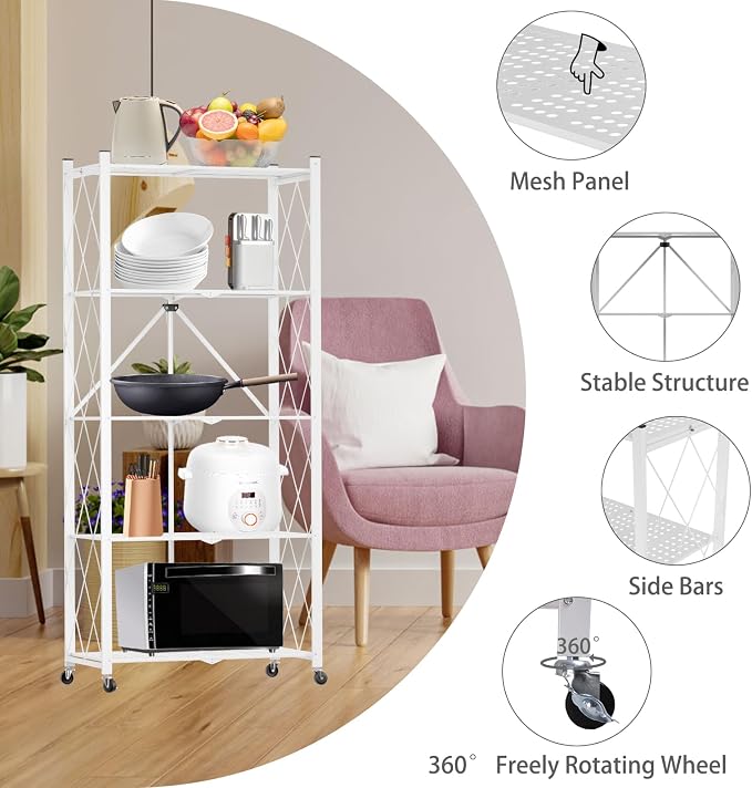 5 Tier Folding Shelf with Wheels | No Assembly, Portable,Suitable for kitchen, bedroom, living room, garage,64.6*28*13.4in