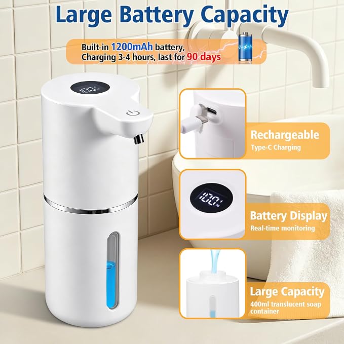 Automatic Foaming Soap Dispenser, Touchless, 350ml, White | Rechargeable Foam Soap Dispenser with Digital Display, 4 Adjustable Foam Levels, 11.8 oz Countertop or Wall Mounted