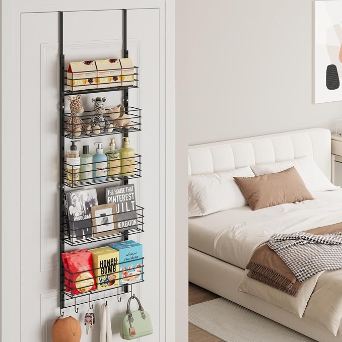 SWTYMIKI Over The Door Organizer - Door Organizer Hanging with 5 Adjustable Metal Large Capacity Basket and 6 Coat Hook, Wall Mounted Shelf for Bedroom Closet Bathroom Laundry Pantry Cabinet Kitchen