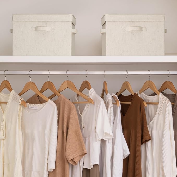 StorageWorks Storage Bins with Lid, Decorative Fabric Storage Bins with Handles, Stackable Closet Organizers for Shelves and Bedroom, Large, Beige(Natural Fabric), 2-Pack