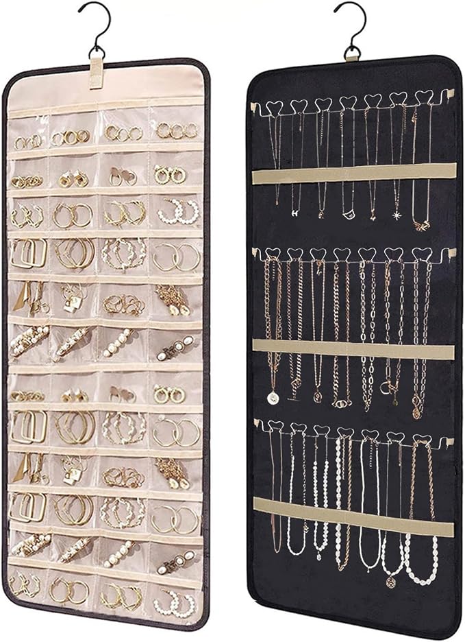 LAKSMI Large Hanging Jewelry Organizer for Closet, Wall or Door, 48 Pockets & 21 Hooks for Earrings, Necklaces and Rings (Black1)