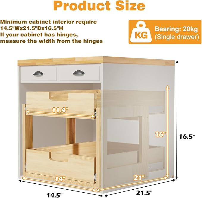 Pull Out Cabinet Organizer, 14''W×21''D Sliding Drawers for Cabinets, 2 Tier Soft Close Slide Out Wooden Pull out Drawers, Base Cabinet Organization for Kitchen, Pantry, Bathroom