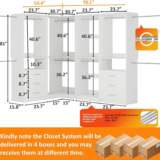 Closet System with 6 Wooden Drawers, 4.5-21.6FT L-Shaped Corner Closet organizer System with 10 Expandable Hanging Rods & 2 Shelves, Modular Closet System for Walk in Closet, 2800+ Lbs, 4 Sets