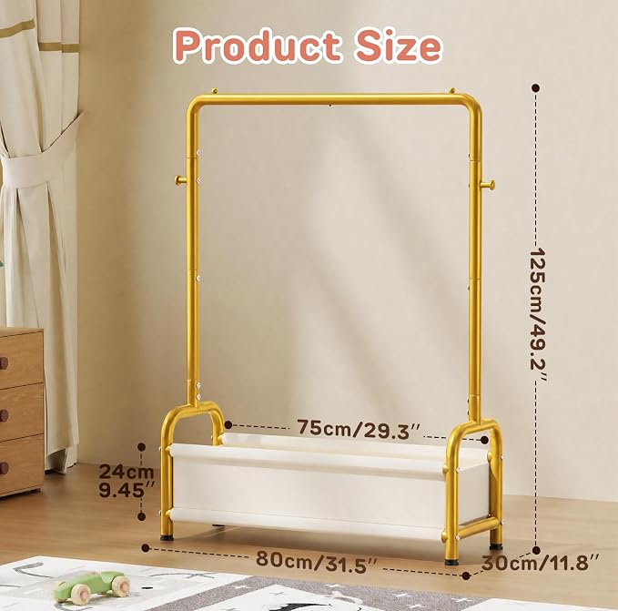 Kids Clothing Rack with Storage Shelf, Kids Dress Up Storage for Coats, Small Baby Garment Rack for Hanging Clothes, Toddler Wardrobe Closet Organizer (Gold, Classic)
