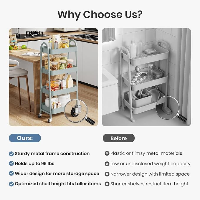 DUMOS 4 Tiers Rolling Utility Cart, Storage Organizer, Shelving Unit | Metal, Lockable Wheels, Mobile, Kitchen, Bathroom, Laundry, Narrow Places, Green