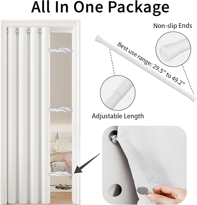 Vatge Magnetic Doorway Curtain with Rod, W52 x L82, 1 Panel, Grayish White | Light Filtering Door Curtain for Pantry, Soft Fabric, Easy to Access