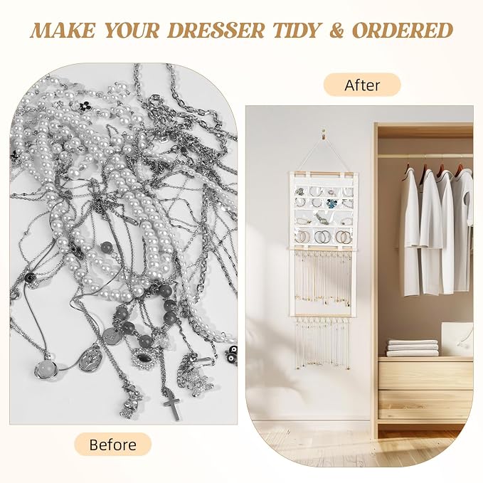 Hanging Jewelry Organizer with 20 Hooks & 14 Pockets for Women | Wall Mounted Necklace Holder Organizer With Detachable PVC Bags for Tavel, Jewelry Necklace Earring Bracelets Display