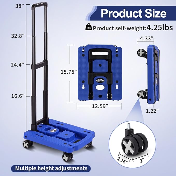 Folding Hand Truck Lightweight Hand Truck Dolly Foldable,Luggage cart with 4 Rotate Wheels, Utility Cart with Adjustable Handle,Collapsible Dolly for Moving
