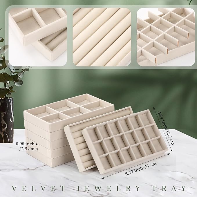 Highergo 8 Pcs Velvet Jewelry Trays Stackable Drawers Organizer Ring Earring Bracelet Necklace Storage Trays, 8.3x4.7x1''(Mixed Style)