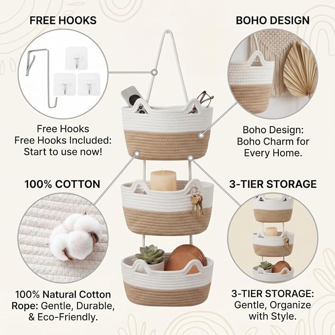 Hanging Basket, Woven 3 Tier Over Door Basket with 4 Hooks | Hanging Storage Basket for Door, Wall, Nursery, Bathroom, Bedroom, Decorative Over Door Basket with Cute Cat-Like Style