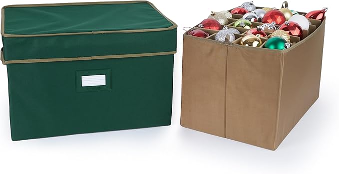 Covermates Keepsakes Adjustable Ornament Storage Box – Heavy-Duty Polyester, Padded Dividers & FlexGrid Trays – Protective Holiday Organizer with Stackable Walls & Label Window, Green