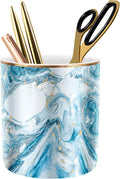 Pen Pencil Holder for Desk, Marble Desk Decor Organizer, Durable Ceramic Pencil Cup Holder Marble Design Makeup Cups for Brushes for Office, Classroom, Blue