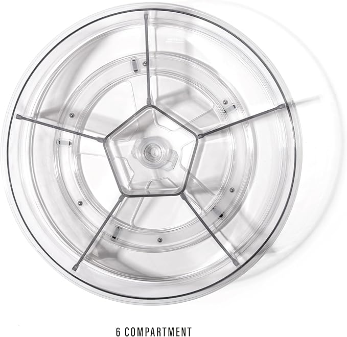 BINO Plastic Round Turntable Organizer with 6 Compartments - Clear | Spinning Divided Turntable Container | Rotating Organizer Storage for Bottle Condiments Fridge Kitchen Counter Pantry Bathroom