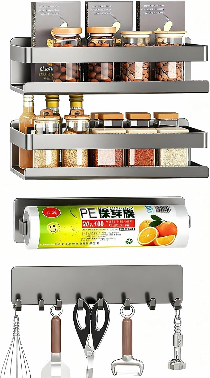 4 Pack Metal Magnetic Shelf, Small Kitchen Organization | Include Magnetic Spice Rack for Refrigerator,Magnetic Paper Towel Holder,Magnetic Hooks,Space-saving Storage rack