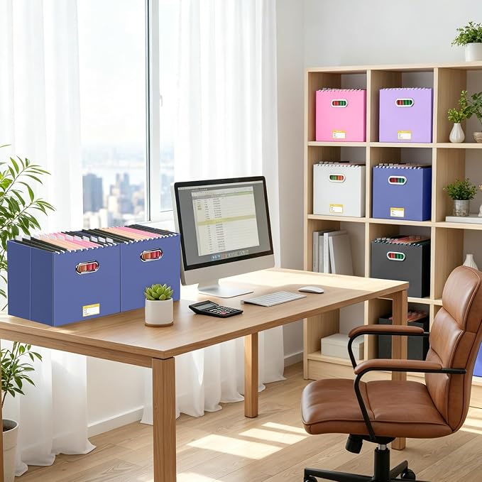 BALEINE File Organizer Box, Cardboard File Folder Organizer with Handle for Letter Size, Portable Collapsible Hanging Filing Box for Home Office Document Storage (2 Pack, Large Navy)