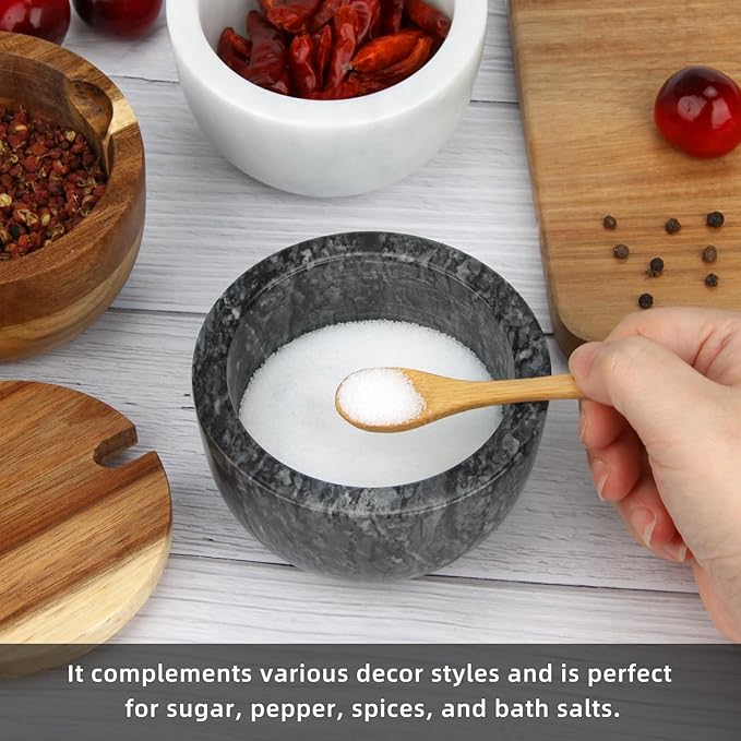 Marble Salt Cellar Box with Wood Lid & Spoon, Modern Black Stone Salt or Pepper Sugar Spice Seasoning Bowl Container Jar Holder Well Keeper Dish Pig Crock for Kitchen