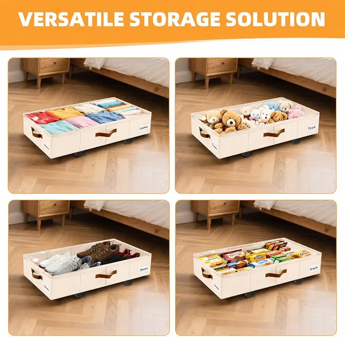 Under Bed Storage with Wheels,Underbed Storage with Sturdy Sidewalls/Bottom, Clear Cover, Label and PU Handle, Rolling Under Bed Drawers for Clothes, Shoes, 6.5 Inch Height,Beige, 2 Pack
