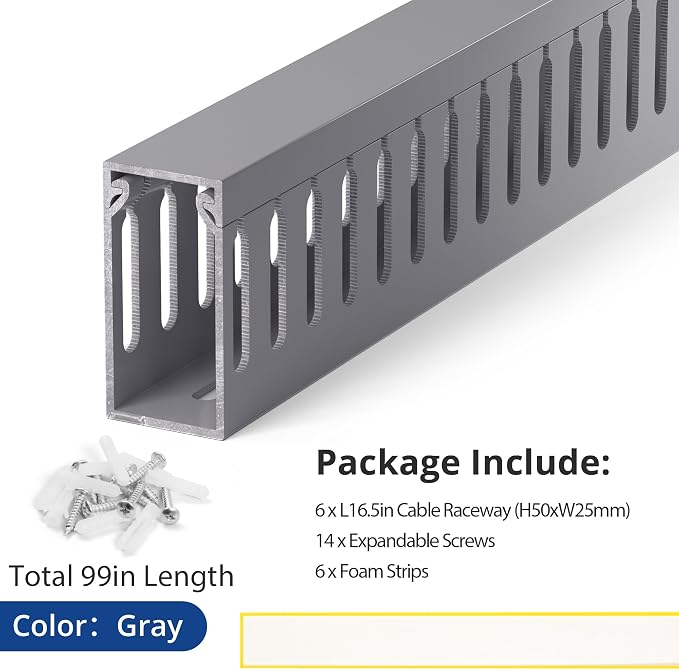 ZhiYo 2" H x 1" W Cable Management Raceway, 99in Under Desk Channel, Grey | Slotted Wire Duct, 6Pack, 16.5in Each, Heavy-Duty PVC Cable Management for Server Racks, Network Cables & Electrical Cabinets