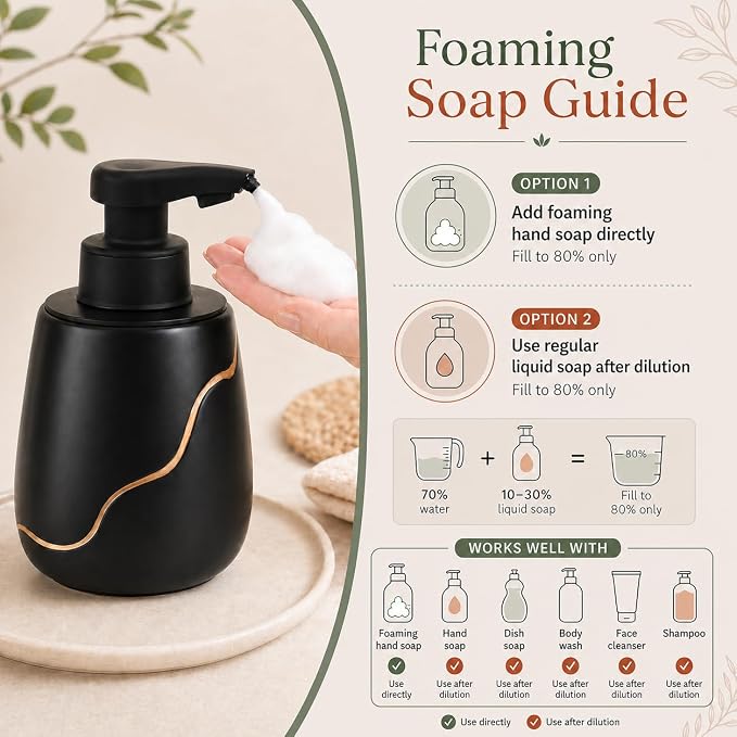 BosilunLife Automatic Foaming Soap Dispenser - Touchless Foam Hand Wash Dispenser for Bathroom Black Ceramic Smart Electric Auto Dish Soap Dispenser Waterproof, USB C Rechargeable, 17 oz/500 ml