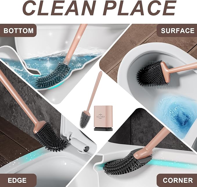 Sellemer Silicone Toilet Brush, Ventilation Slots Holder 1 Pack, Rose Gold | Flexible Bristles Flat Head for Rim, Hair Tangle-Free, Easy to Clean, Compact Design, Rustproof Handle, for Toilet/Sink/Tub