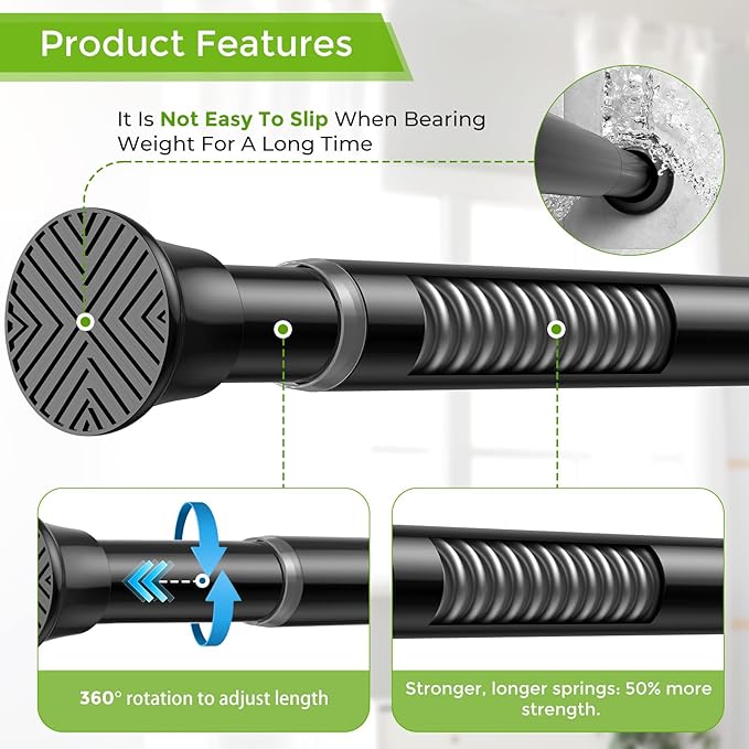 2Pack Curtain Rods for Windows 30-77Inch Black Tension Curtain Rod Adjustable Curtain Rod No Drilling Spring Rod Tension Rods for Doorway,Closet,Kitchen,Window