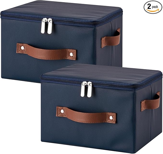 2PCS Storage Bins with Zippered Lid Decorative PU Leather Boxes | Foldable Washable Stackable Basket Container, Shelf Closet Organizer, with Handles & PP Plastic Boards, Deep Blue-Small