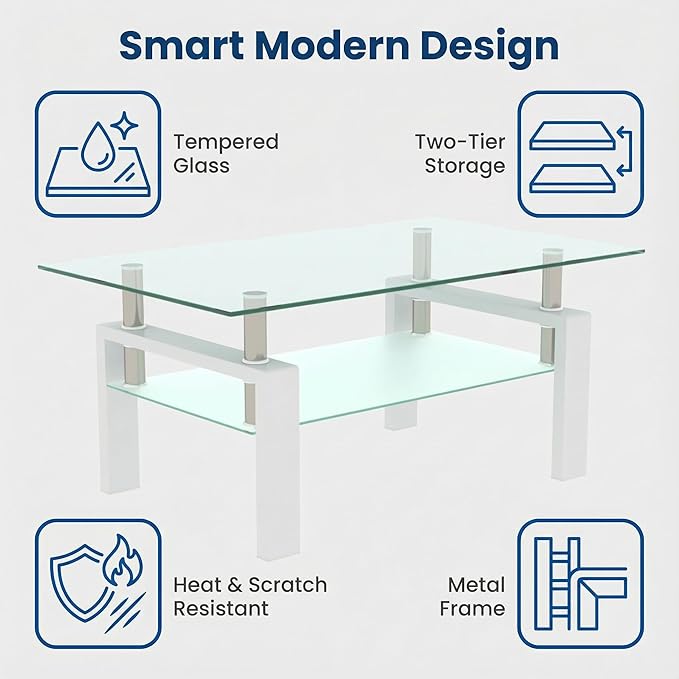 Glass Coffee Table for Living Room, Modern Coffee Table with Transparent Tempered Glass Top and White Metal Legs, Rectangle Tea Table for Home