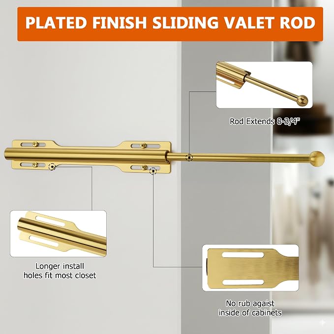 Valet Rod for Closet Pull Out, Rod for Bedroom Laundry Room Bathroom, Brushed Gold