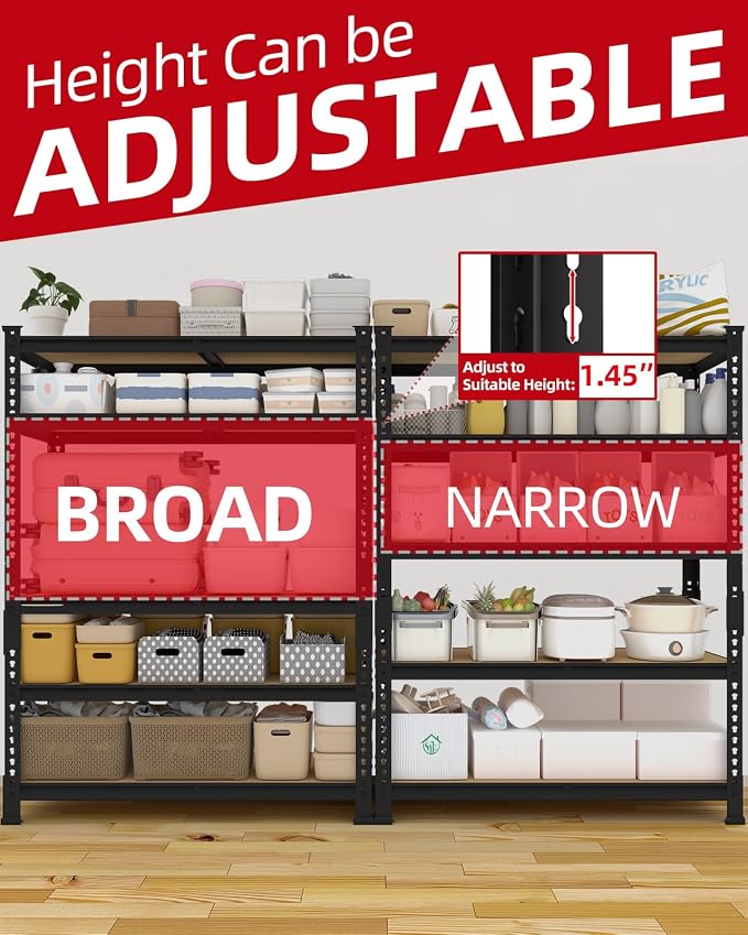 PrimeZone 35.5" x 12" x 72" Heavy Duty Storage Shelves - 5 Tier Adjustable Garage Storage Shelving, Metal Storage Utility Rack Shelf Unit for Warehouse Pantry Closet Kitchen, Black, 4 Pack