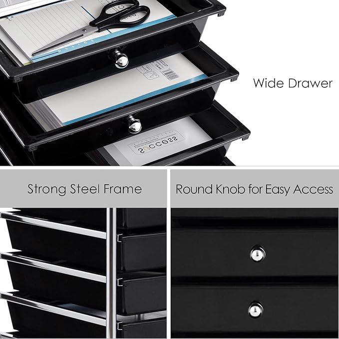 GOFLAME 10-Drawer Rolling Storage Drawer Cart, Utility Cart with Removable Drawers & Metal Frame, Mobile Art Craft Drawer Cart with Lockable Wheels for Home, Office, Studio, School, Black