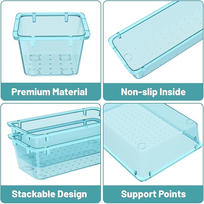 WOWBOX 32 PCS Plastic Drawer Organizer Set, 4 Sizes Desk Drawer Organization and Storage Containers for Makeup, Cosmetics, Jewelry and Gadgets in Kitchen, Bathroom, Bedroom, Office, Clear Sea Blue