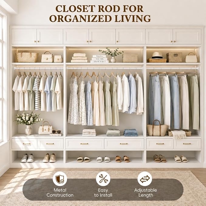 Closet Rod, 17-99 IN Closet Rods for Hanging Clothes, White | Stepless Adjustable, Supports up to 66 lbs, Multiple Size Options, Easy Installation, Multi Purpose, Wall-Mounted