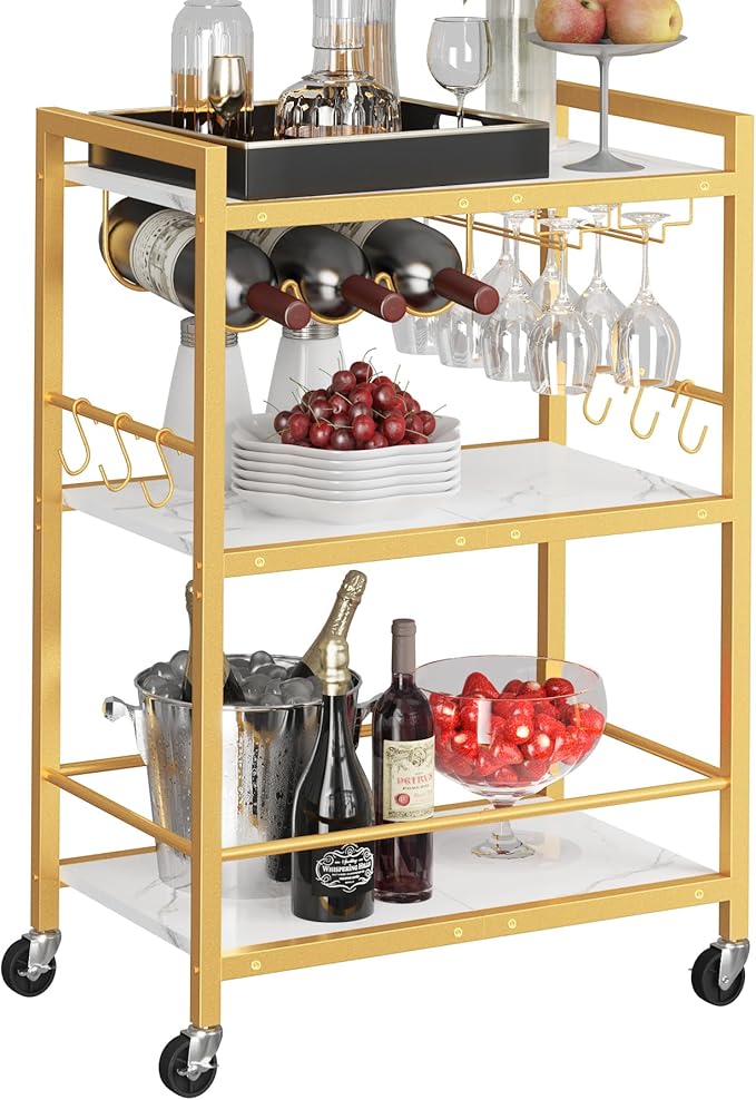 TUTOTAK Bar Cart with Wheels, Drink Cart with Wine Rack and Glass Holder | 3-Tier 23.7 Inch Wide Home Bar Serving Carts, Small Mobile Kitchen Shelf with 6 Hooks, Marble Gold BC01BMG030