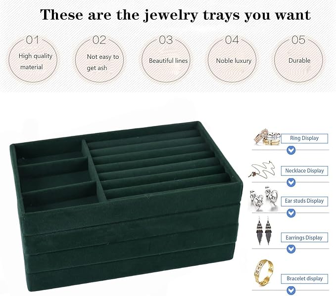 Stackable Jewelry Organizer Trays for Drawer, Set of 4 Velvet Jewelry Drawer Inserts in Dresser, 8in Storage Display Case for Rings Stud Necklaces Accessories(Green)