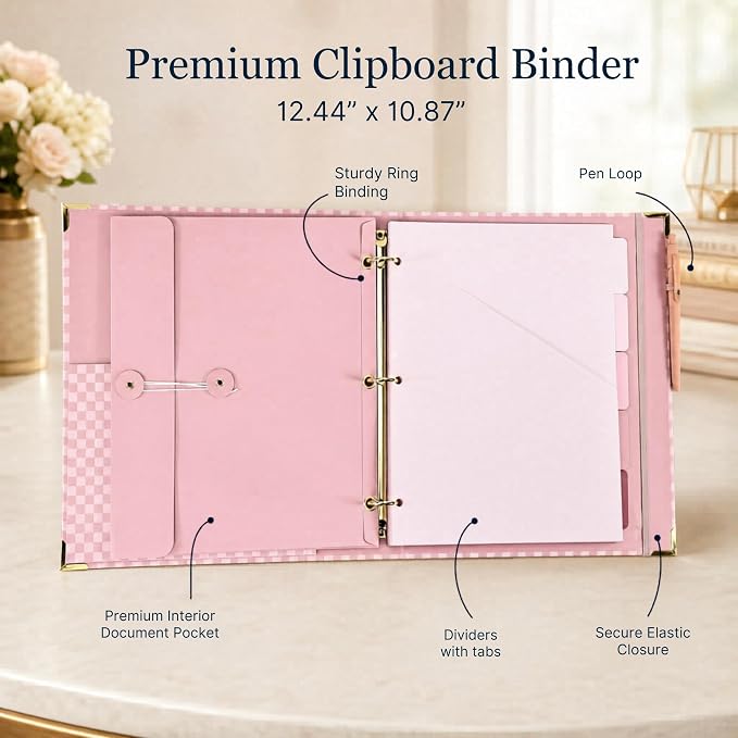 Aesthetic Clipboard Binder with Dividers - Document Organizer and Clipboard Folder for Work - Sturdy 3 Ring Binder & Planner Folio for Streamlined School Projects, Notes and Daily Office Productivity