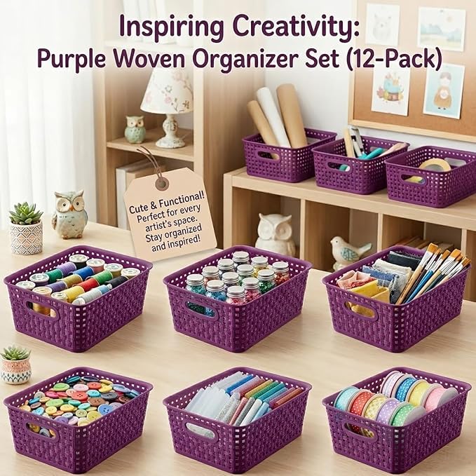 Dark Purple Organizing Baskets, Stackable Pantry Organizers and Basket Set of 12, Plastic Storage Baskets for Shelves, Classrooms, Kitchens, Laundry Room, Bathrooms and Bedrooms