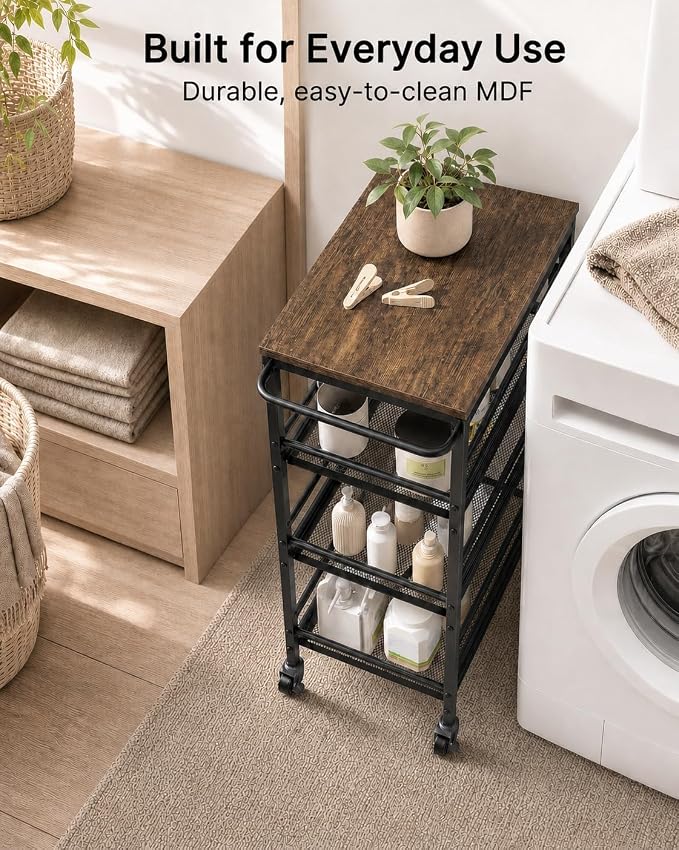Pipishell Slim Storage Cart with Wheels, 4 Tier Rolling Bathroom Storage Cart with Handle and Wood Top, Metal Slim Kitchen Cart for Laundry Room, Bathroom, Kitchen, Narrow Space, Black & Rustic Brown