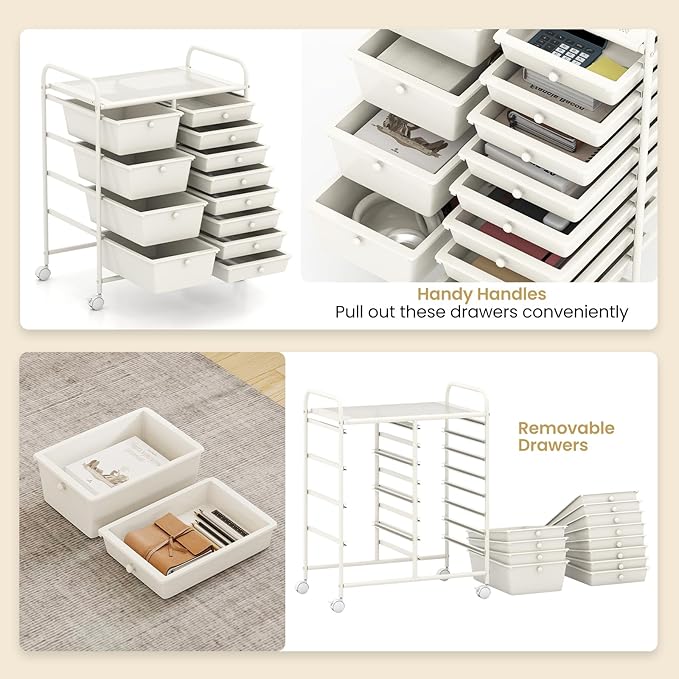 RELAX4LIFE 12-Drawer Rolling Storage Cart - Mobile Utility Drawer Carts | White Metal Frame & Drawers, Rolling Mobility Wheels; Craft Storage For Classroom School Home Office Utility Organization